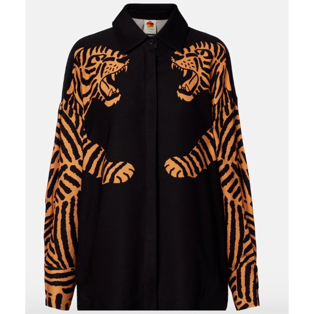 Farm Rio Black Orange Tiger Graphic Oversized Button Down Shirt Womens | Small - Picture 2 of 14